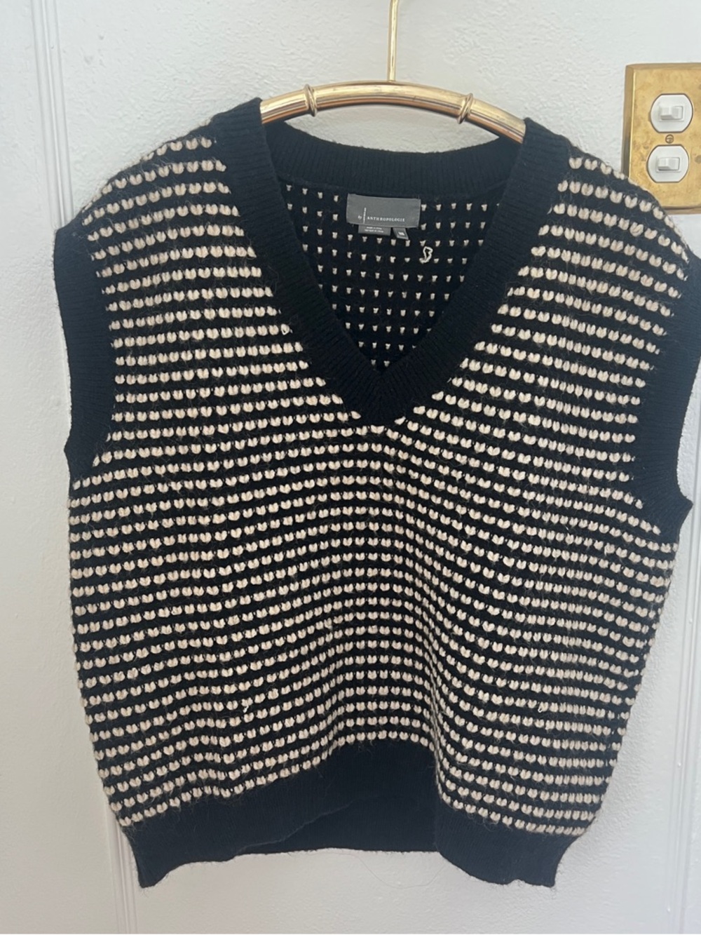 Anthropologie Black & Cream Dot-Pattern V-Neck Sweater Vest